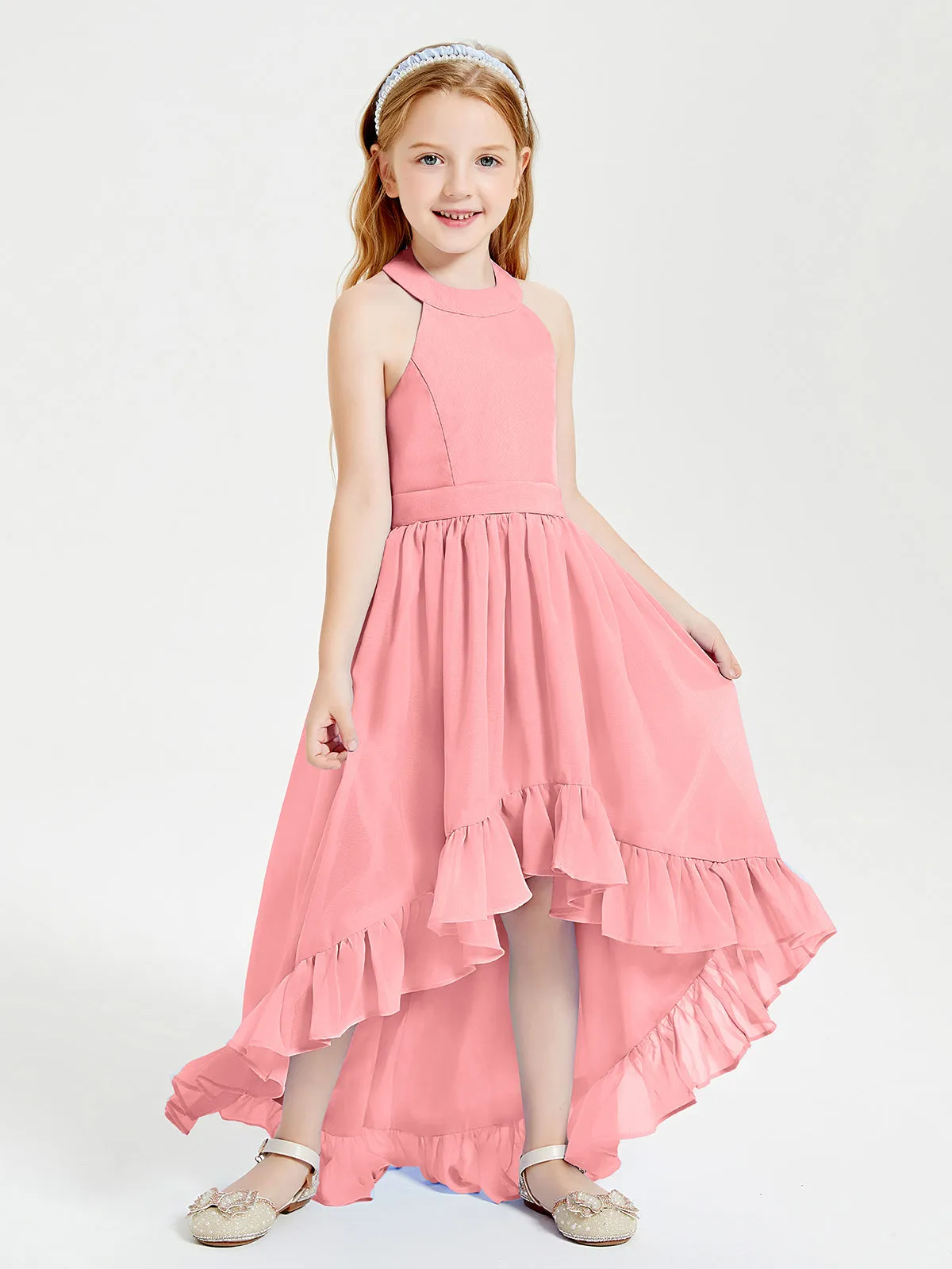 Boho Junior Bridesmaid Dresses Asymmetrical Cascading Skirt Flamingo