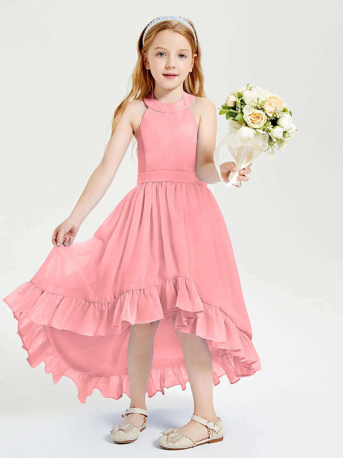 Boho Junior Bridesmaid Dresses Asymmetrical Cascading Skirt Flamingo