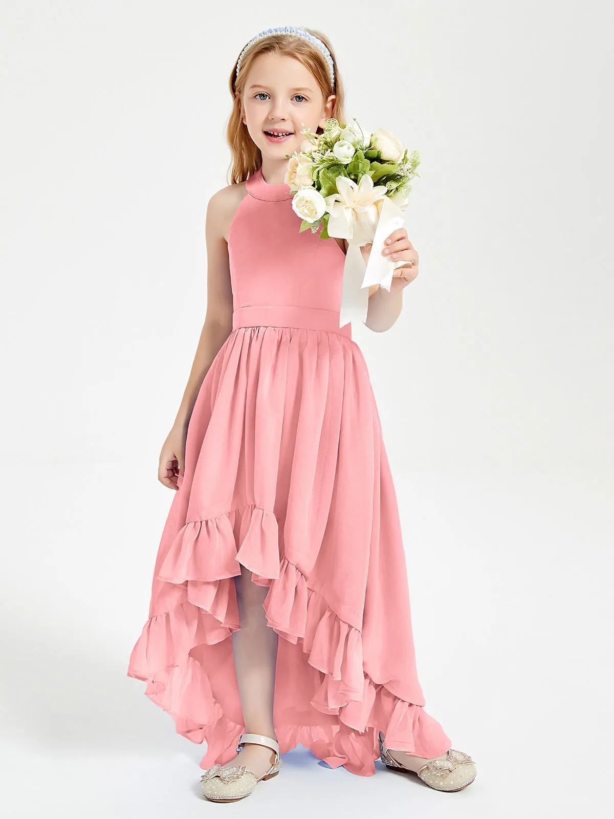 Boho Junior Bridesmaid Dresses Asymmetrical Cascading Skirt Flamingo