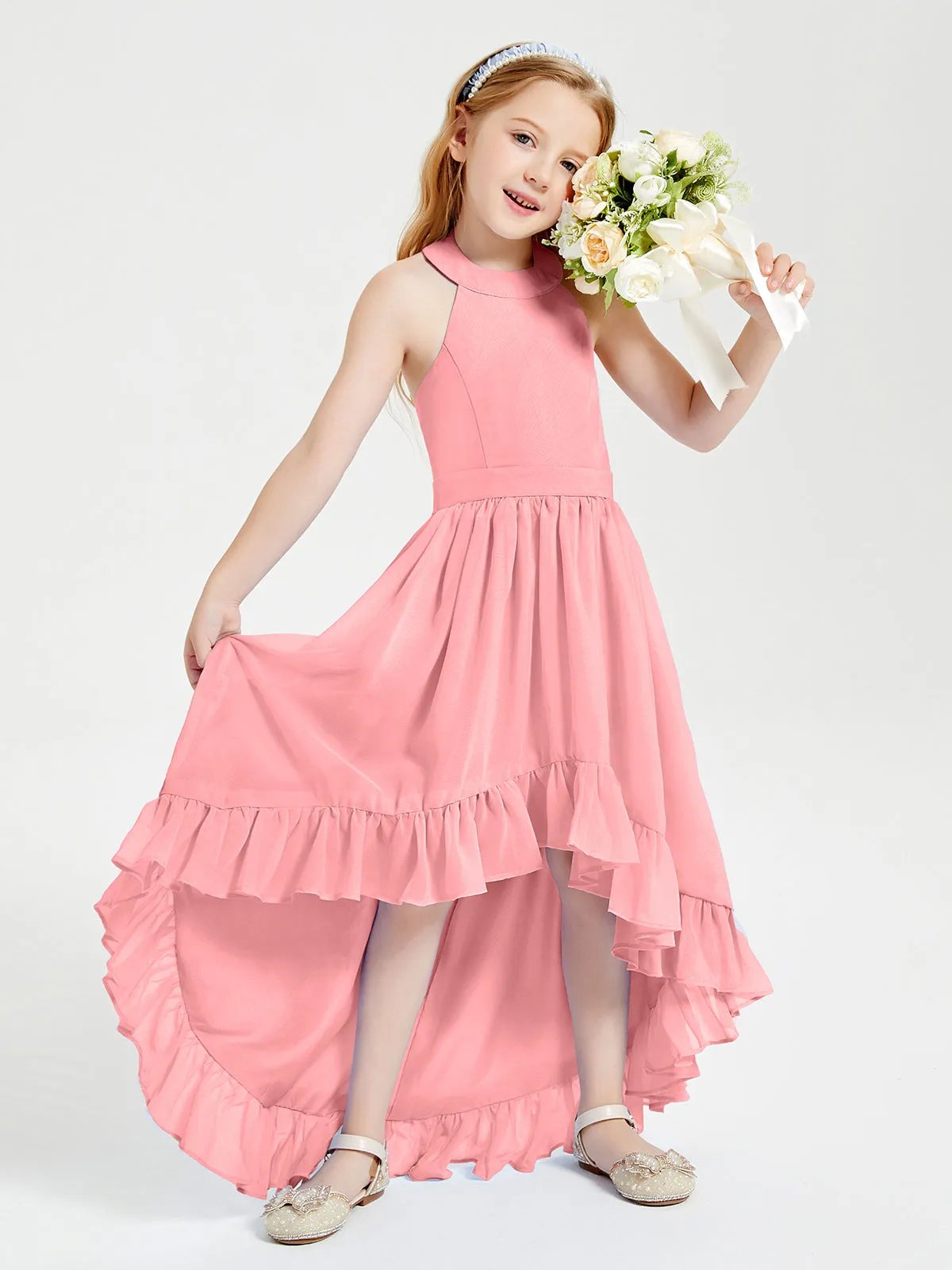 Boho Junior Bridesmaid Dresses Asymmetrical Cascading Skirt Flamingo