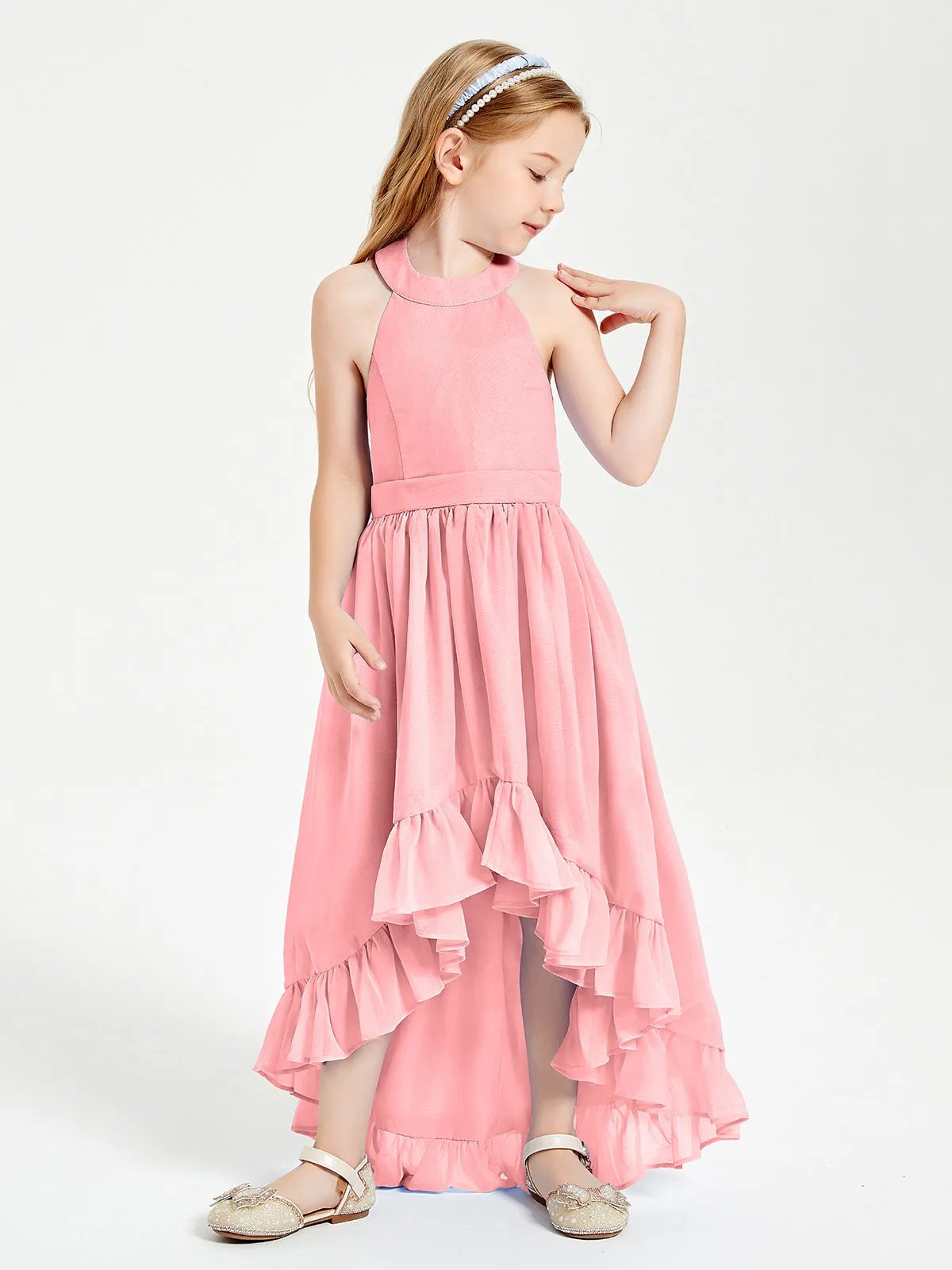 Boho Junior Bridesmaid Dresses Asymmetrical Cascading Skirt Flamingo