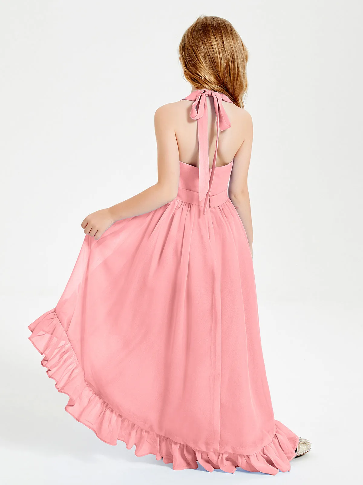 Boho Junior Bridesmaid Dresses Asymmetrical Cascading Skirt Flamingo