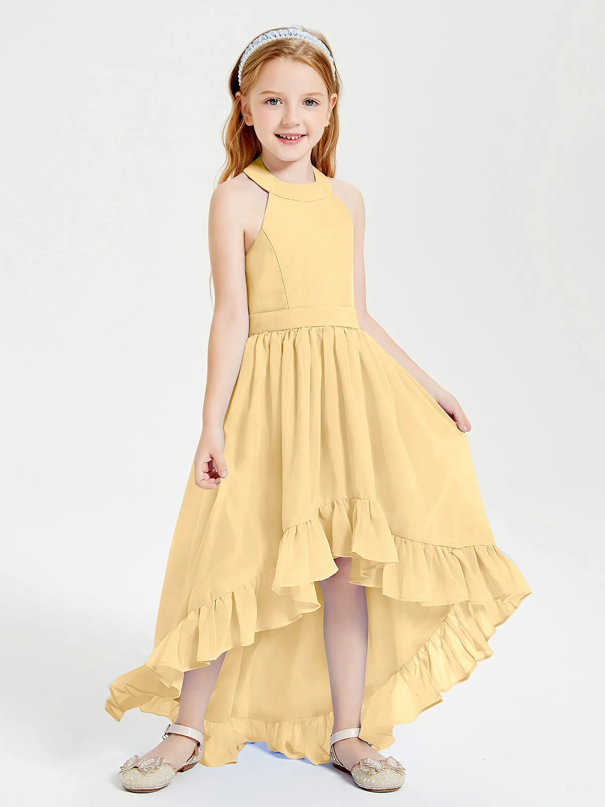 Boho Junior Bridesmaid Dresses Asymmetrical Cascading Skirt Gold