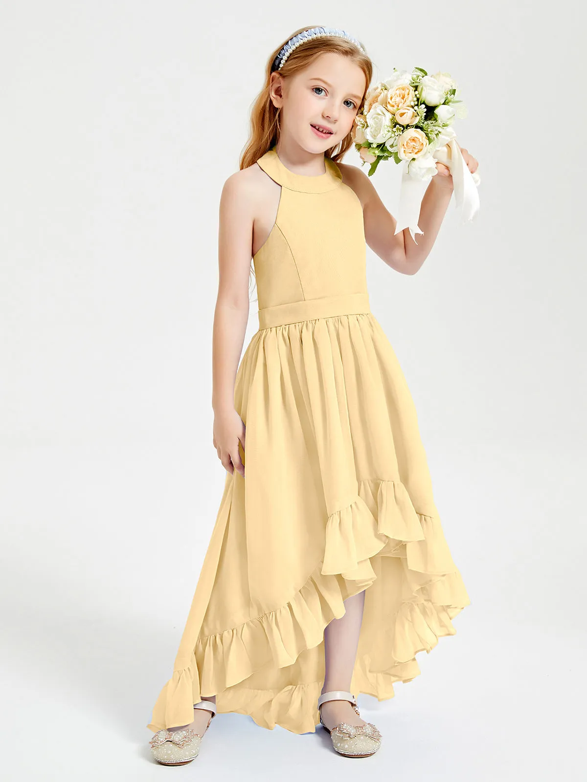 Boho Junior Bridesmaid Dresses Asymmetrical Cascading Skirt Gold