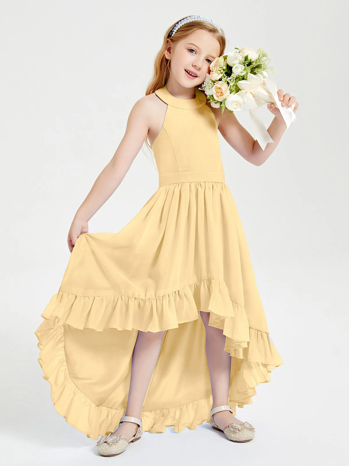 Boho Junior Bridesmaid Dresses Asymmetrical Cascading Skirt Gold