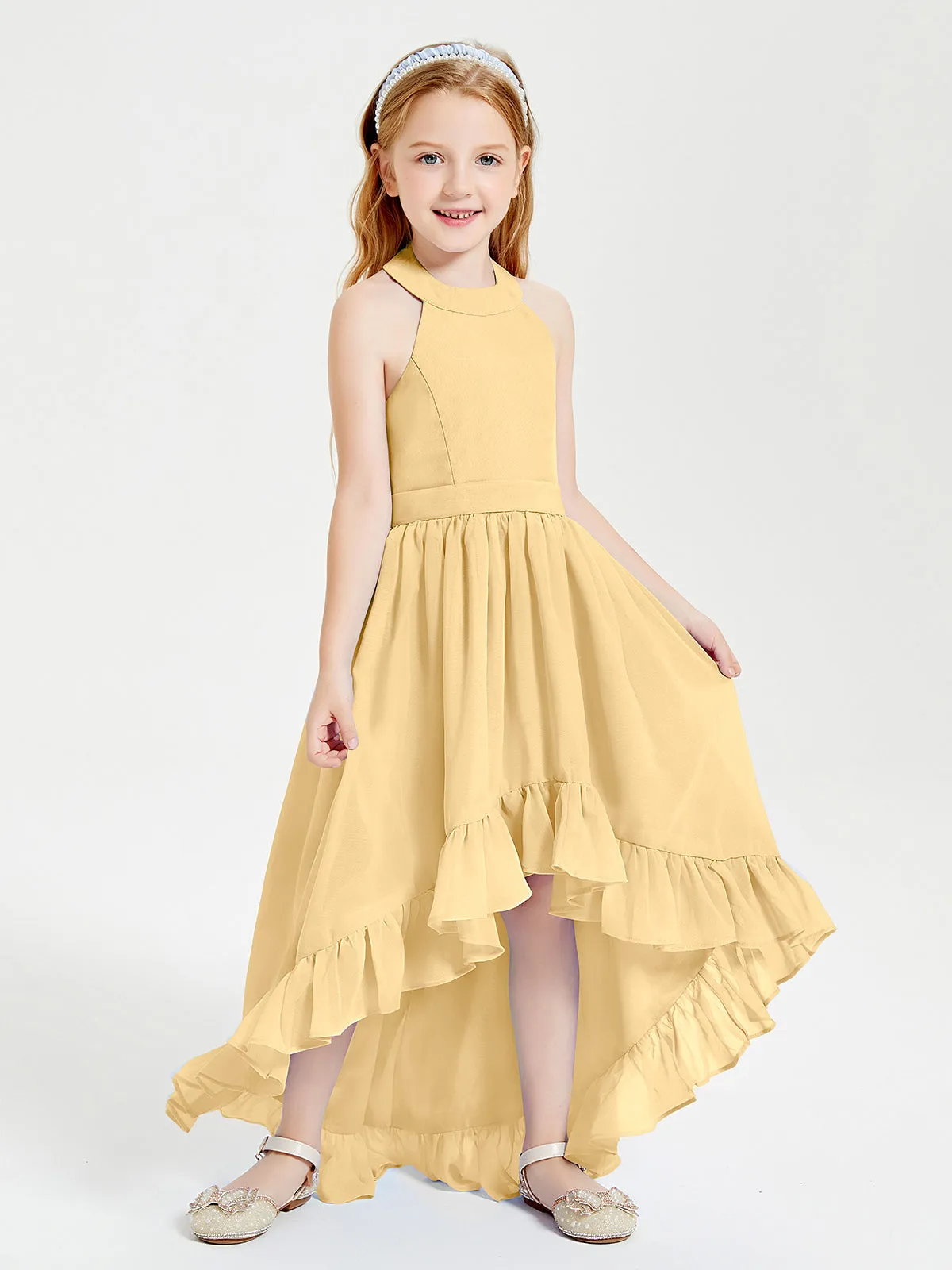 Boho Junior Bridesmaid Dresses Asymmetrical Cascading Skirt Gold