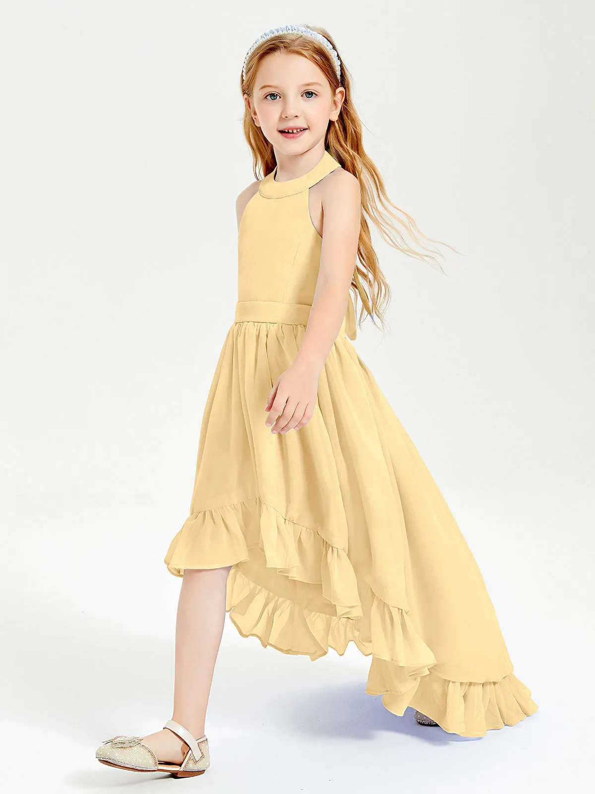 Boho Junior Bridesmaid Dresses Asymmetrical Cascading Skirt Gold