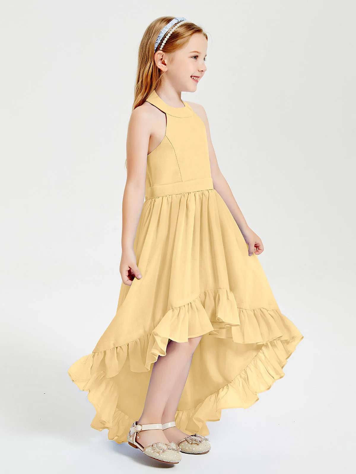 Boho Junior Bridesmaid Dresses Asymmetrical Cascading Skirt Gold