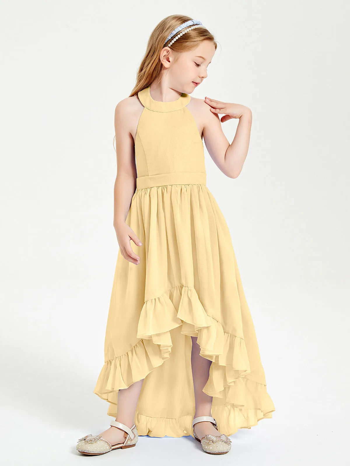 Boho Junior Bridesmaid Dresses Asymmetrical Cascading Skirt Gold