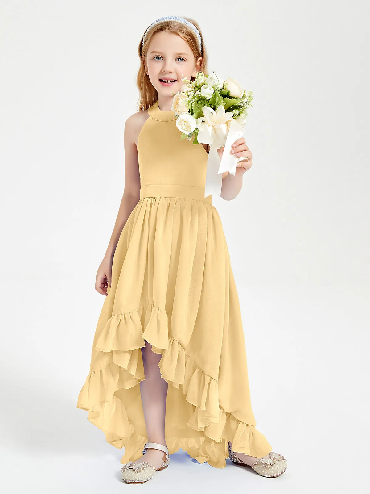 Boho Junior Bridesmaid Dresses Asymmetrical Cascading Skirt Gold