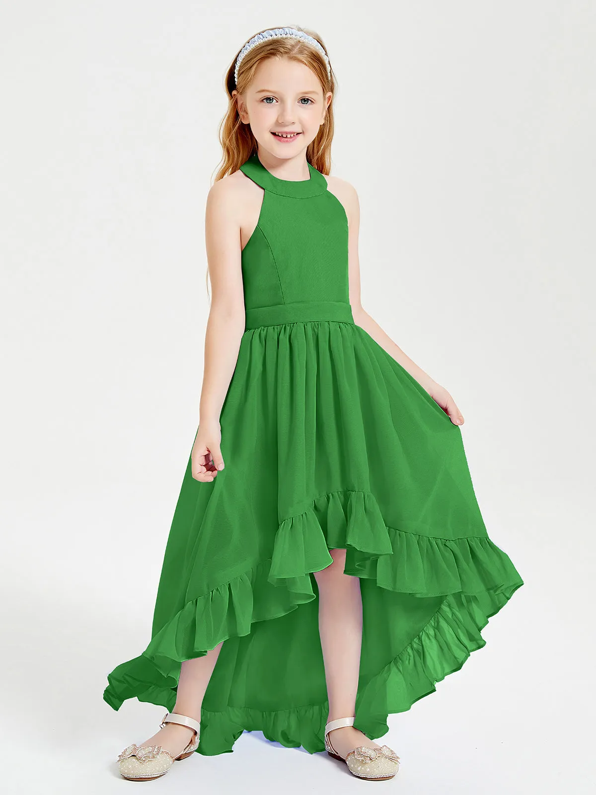 Boho Junior Bridesmaid Dresses Asymmetrical Cascading Skirt Green