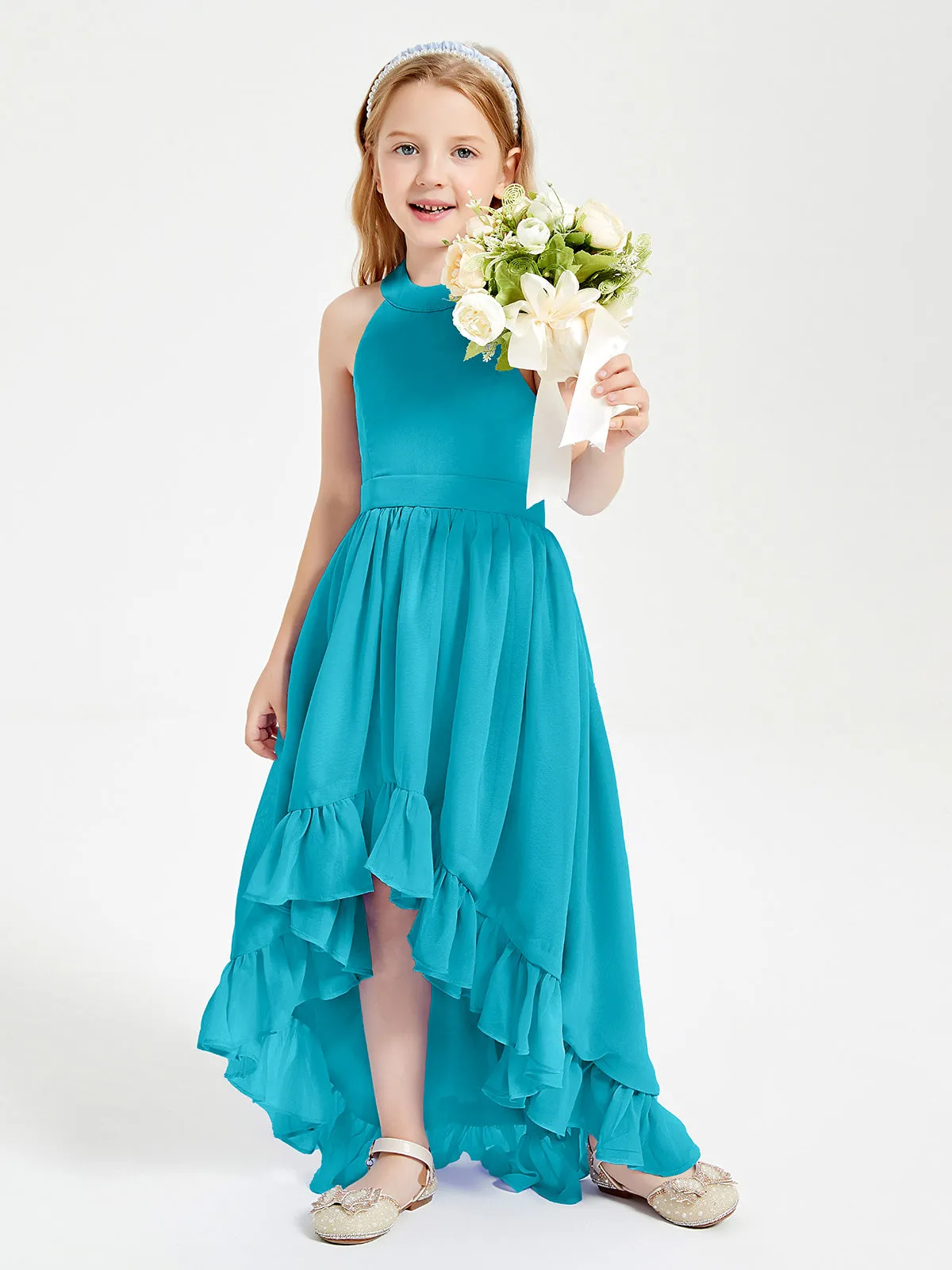 Boho Junior Bridesmaid Dresses Asymmetrical Cascading Skirt Jade