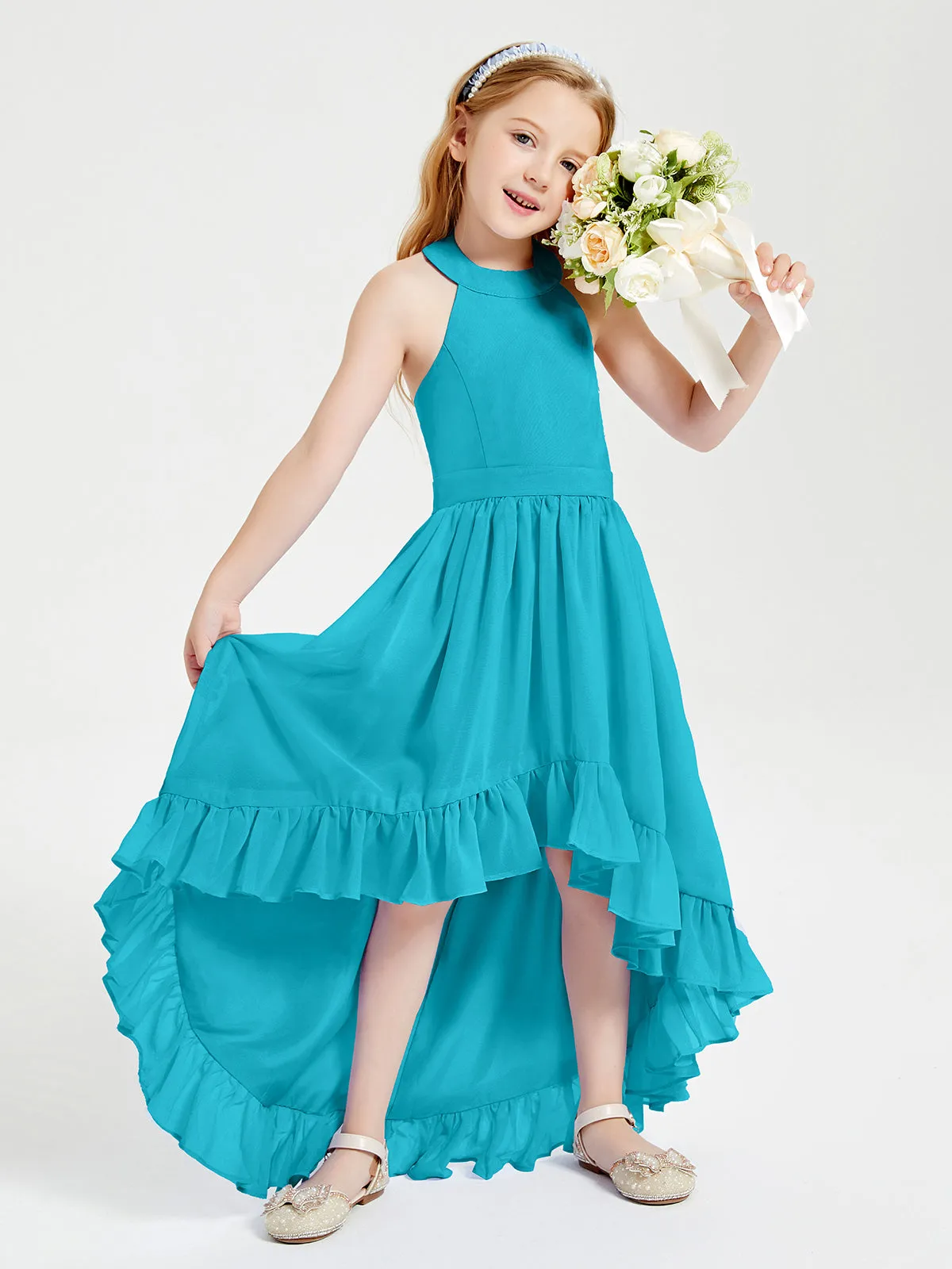 Boho Junior Bridesmaid Dresses Asymmetrical Cascading Skirt Jade