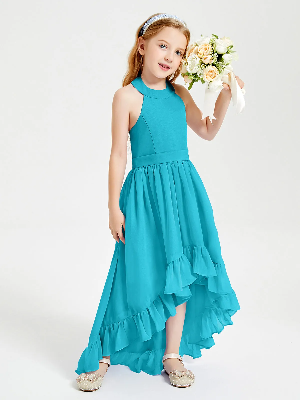 Boho Junior Bridesmaid Dresses Asymmetrical Cascading Skirt Jade