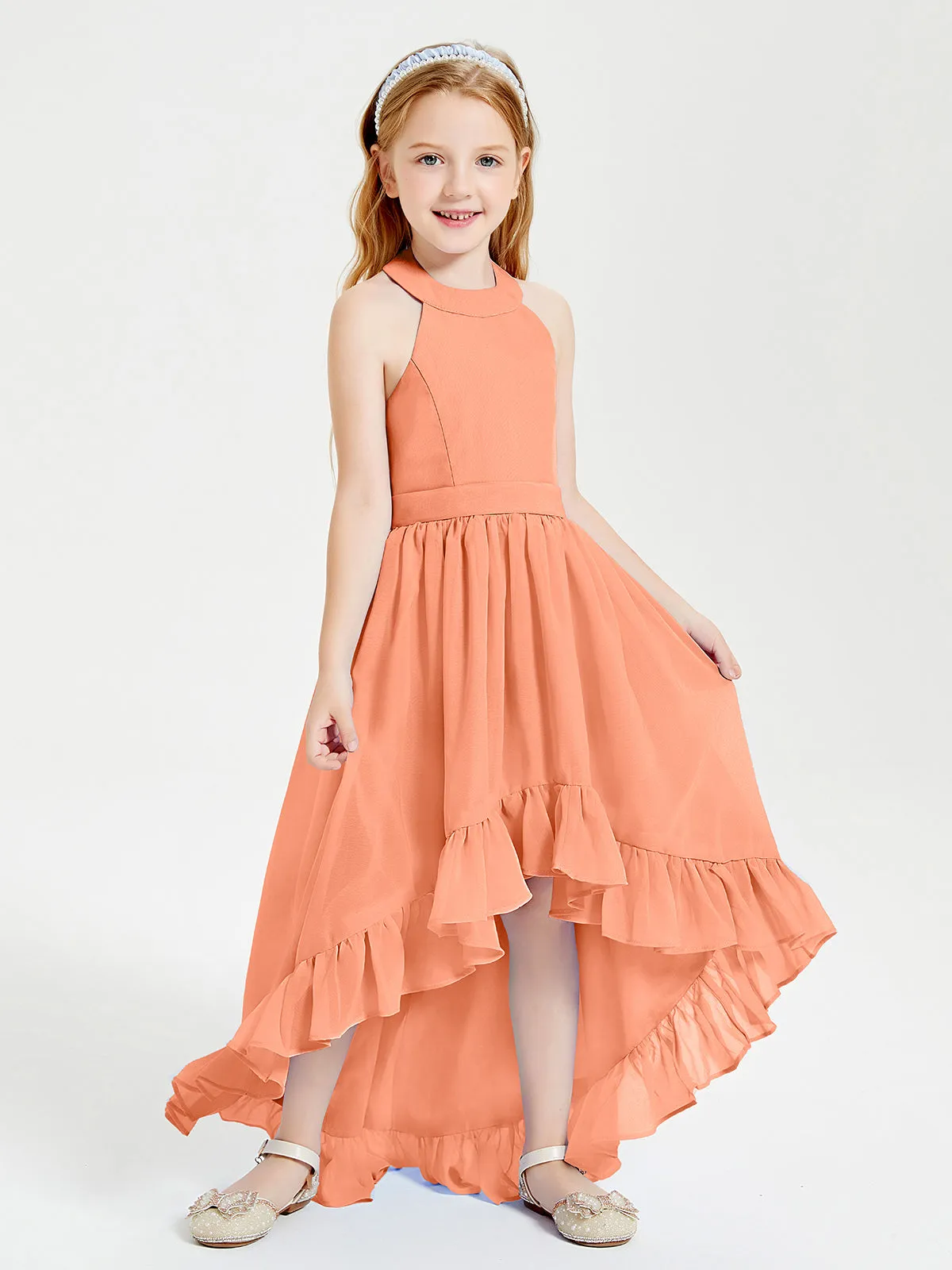 Boho Junior Bridesmaid Dresses Asymmetrical Cascading Skirt Papaya