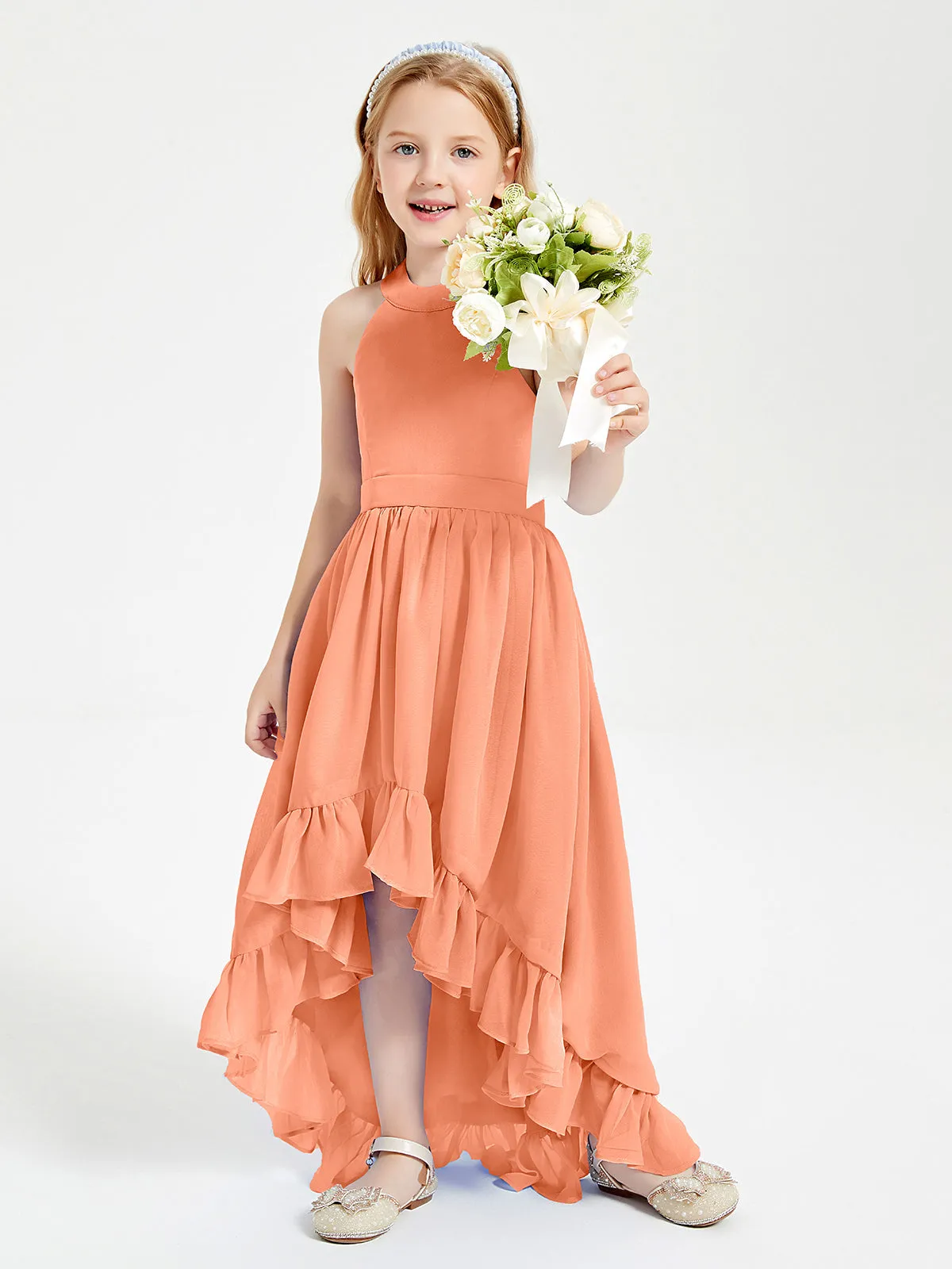 Boho Junior Bridesmaid Dresses Asymmetrical Cascading Skirt Papaya