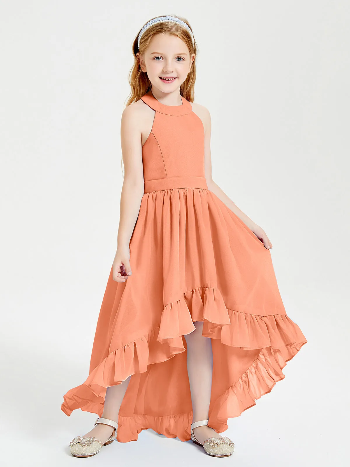 Boho Junior Bridesmaid Dresses Asymmetrical Cascading Skirt Papaya