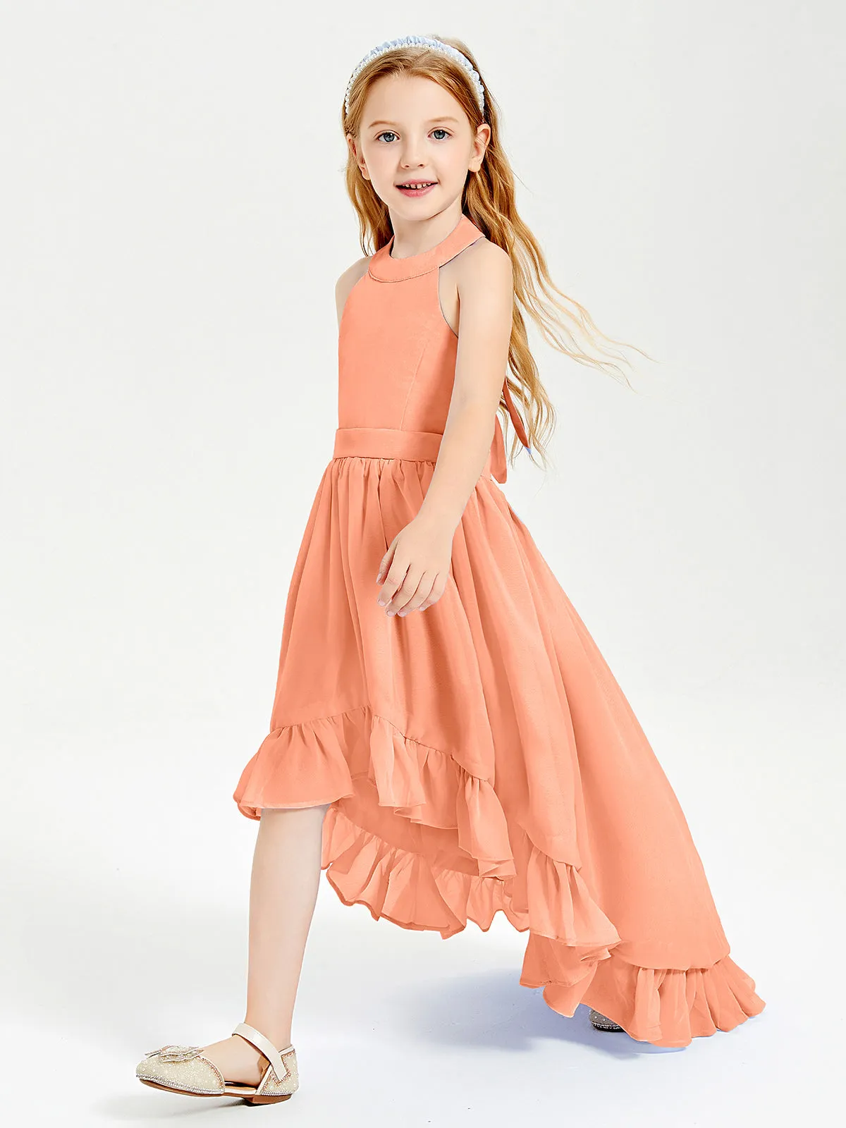 Boho Junior Bridesmaid Dresses Asymmetrical Cascading Skirt Papaya