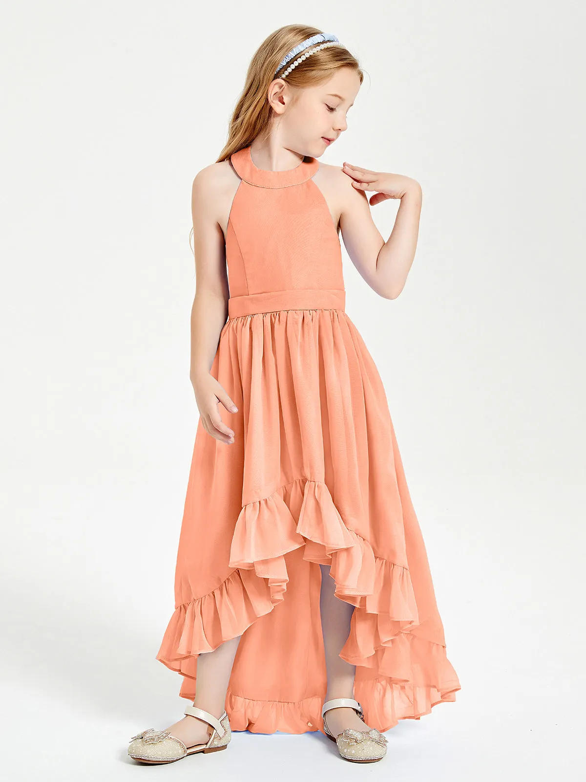 Boho Junior Bridesmaid Dresses Asymmetrical Cascading Skirt Papaya