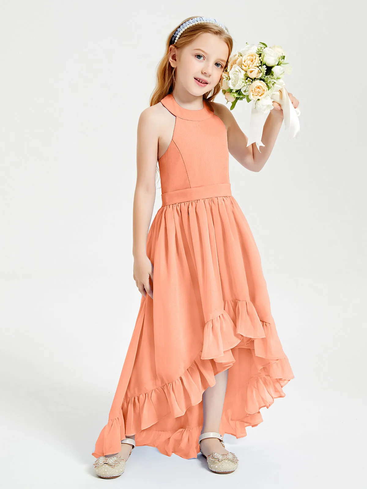 Boho Junior Bridesmaid Dresses Asymmetrical Cascading Skirt Papaya