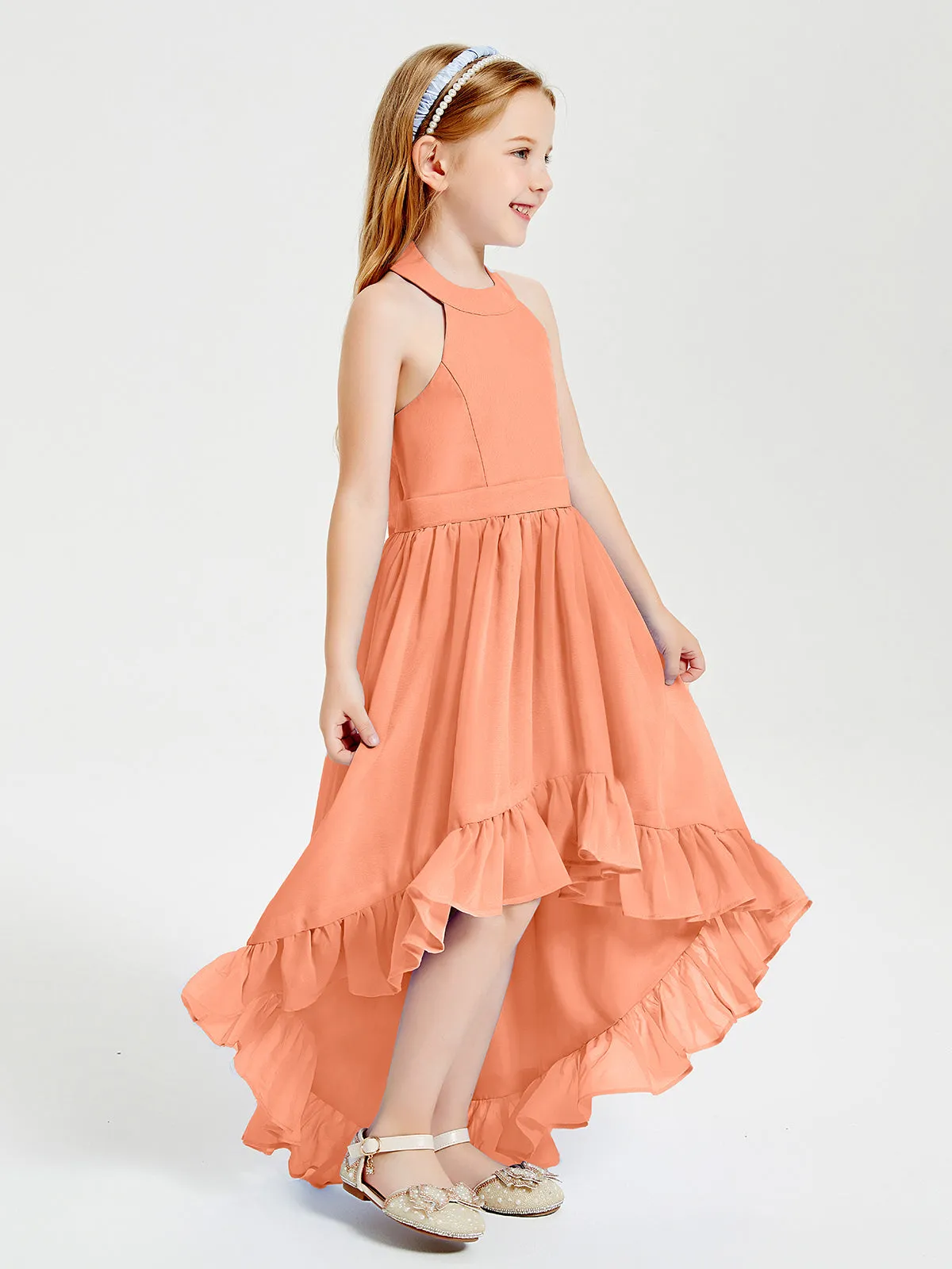 Boho Junior Bridesmaid Dresses Asymmetrical Cascading Skirt Papaya