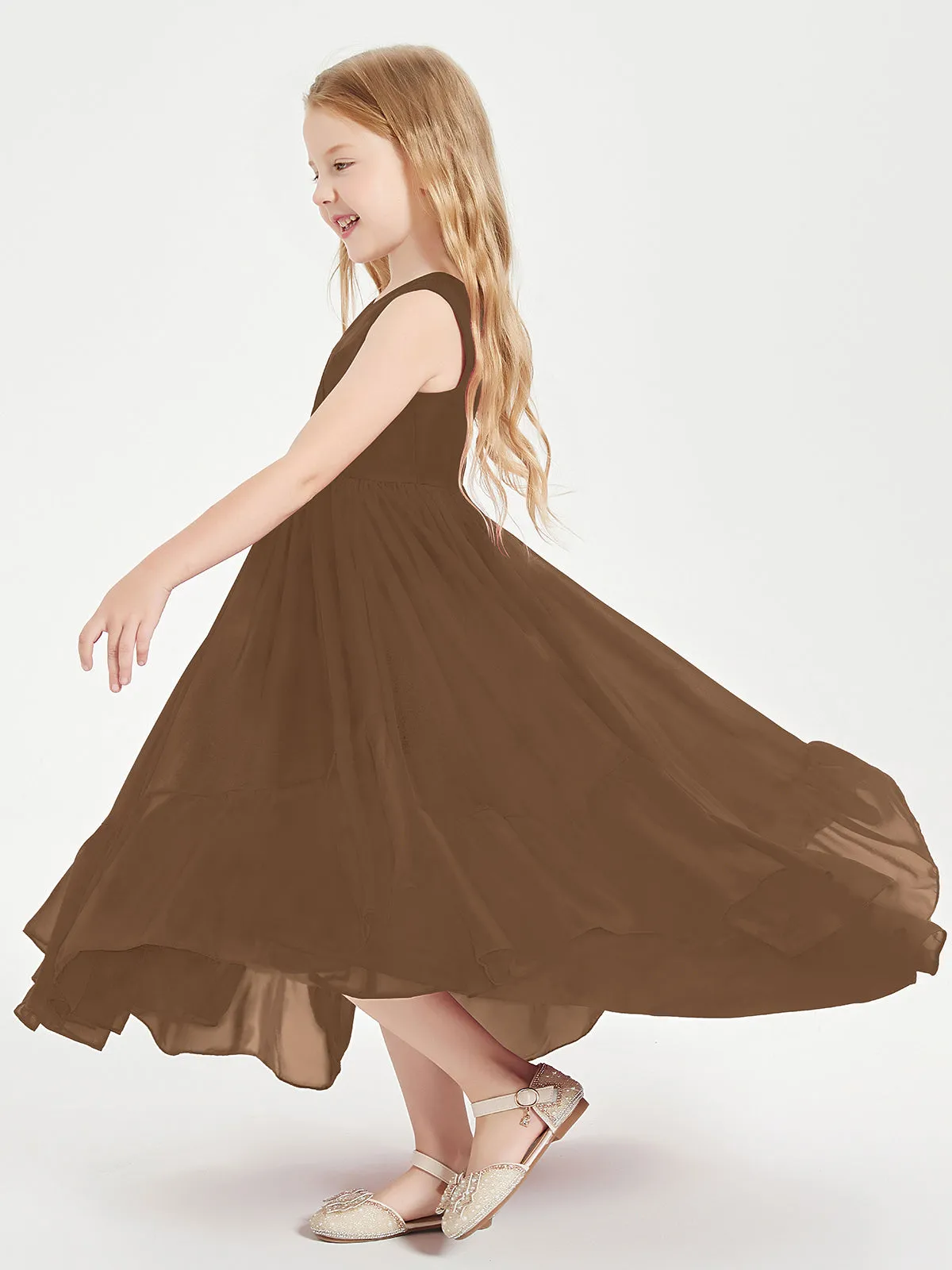 Boho Junior Bridesmaid Dresses Cascading Skirt Brown