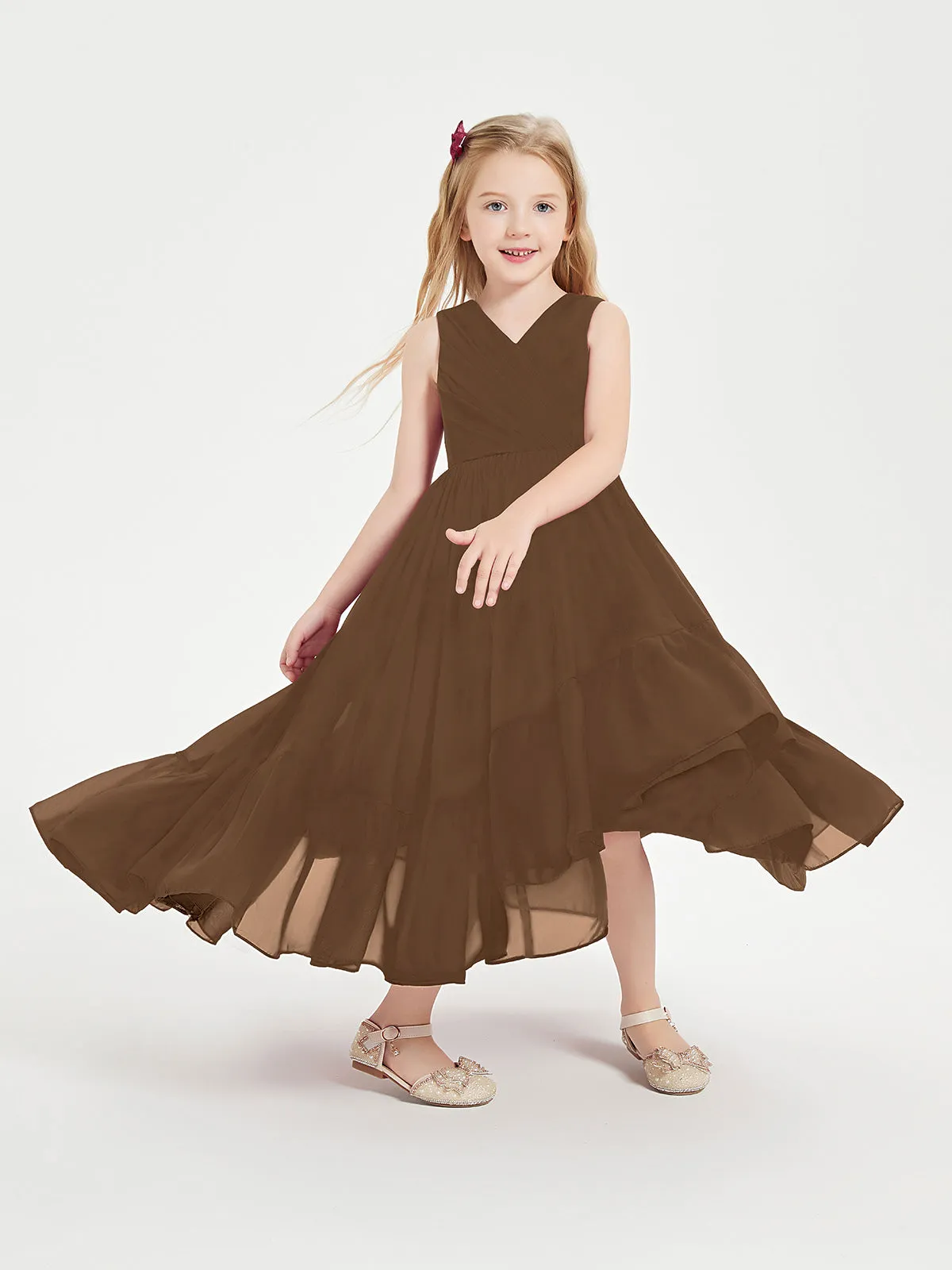 Boho Junior Bridesmaid Dresses Cascading Skirt Brown