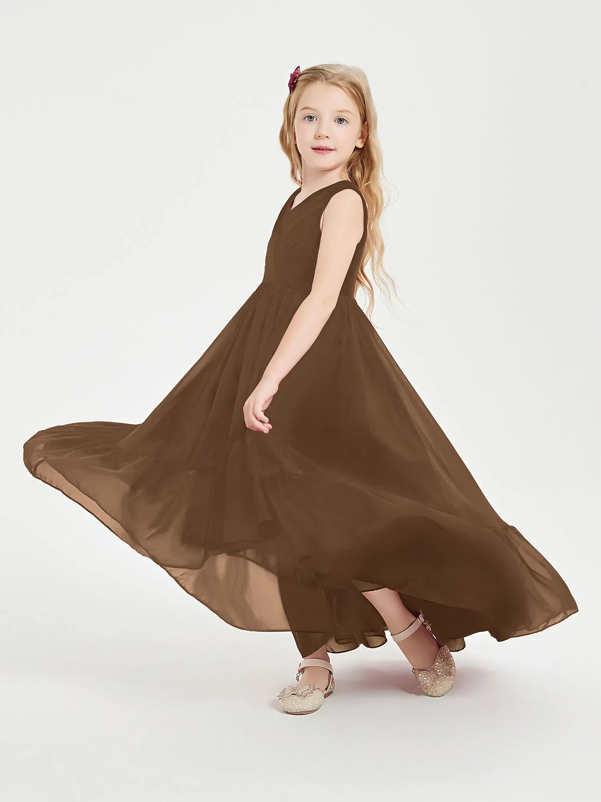 Boho Junior Bridesmaid Dresses Cascading Skirt Brown