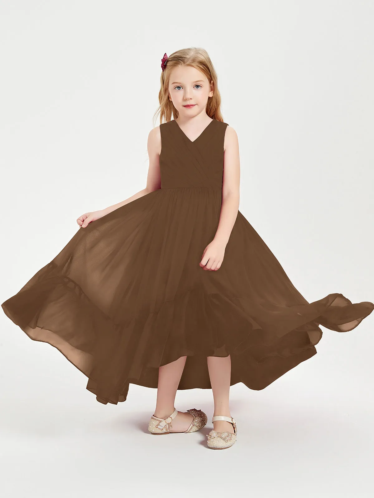 Boho Junior Bridesmaid Dresses Cascading Skirt Brown