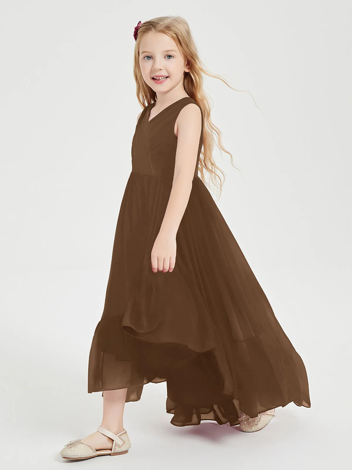 Boho Junior Bridesmaid Dresses Cascading Skirt Brown