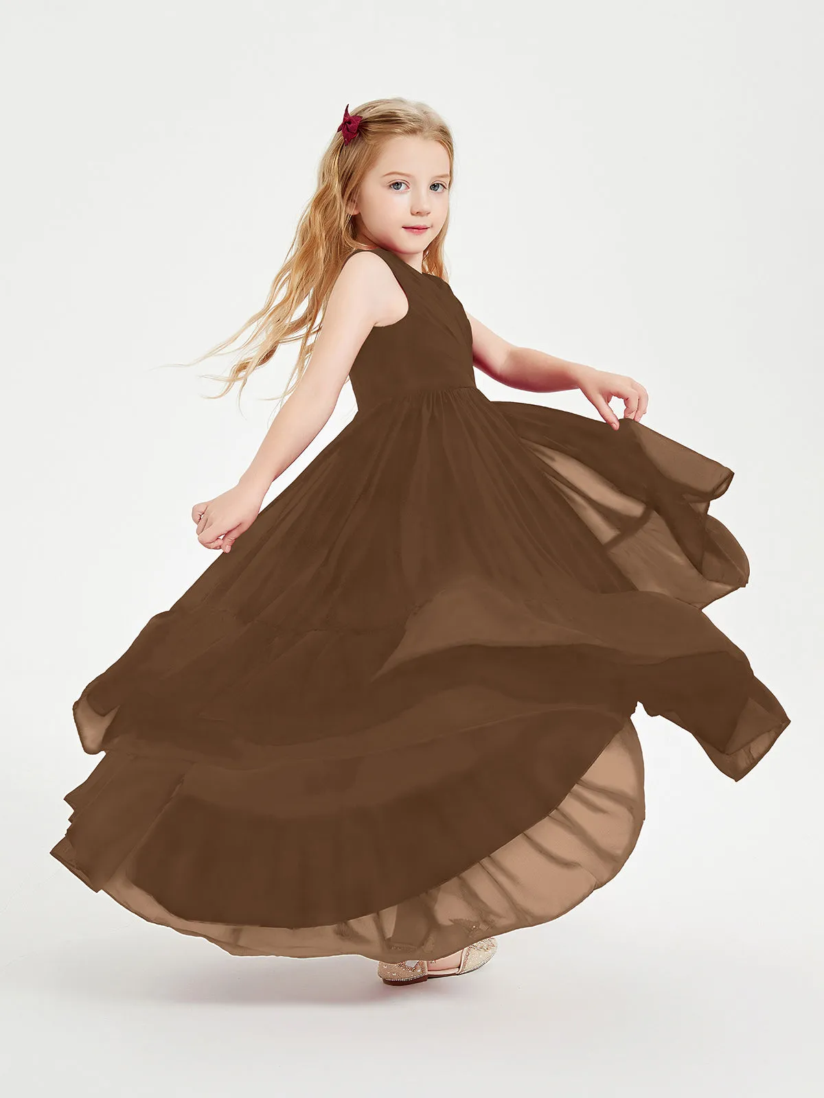 Boho Junior Bridesmaid Dresses Cascading Skirt Brown