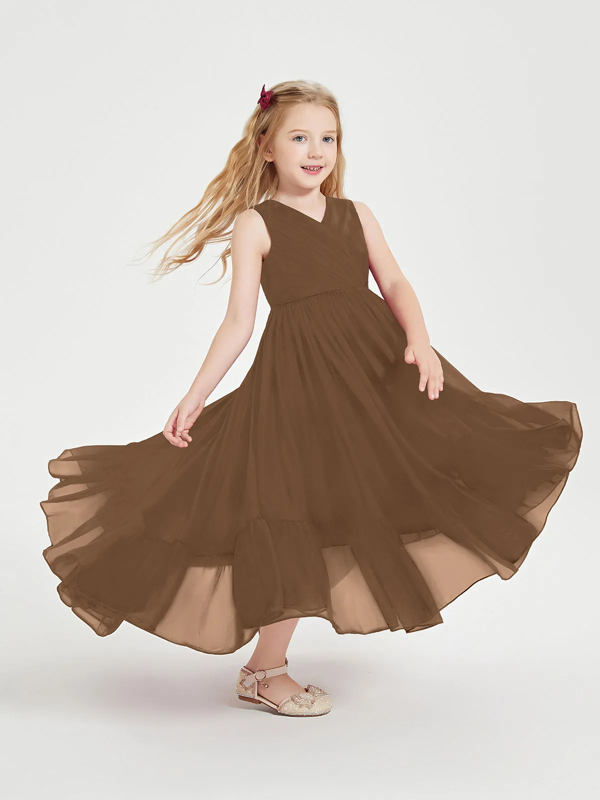 Boho Junior Bridesmaid Dresses Cascading Skirt Brown