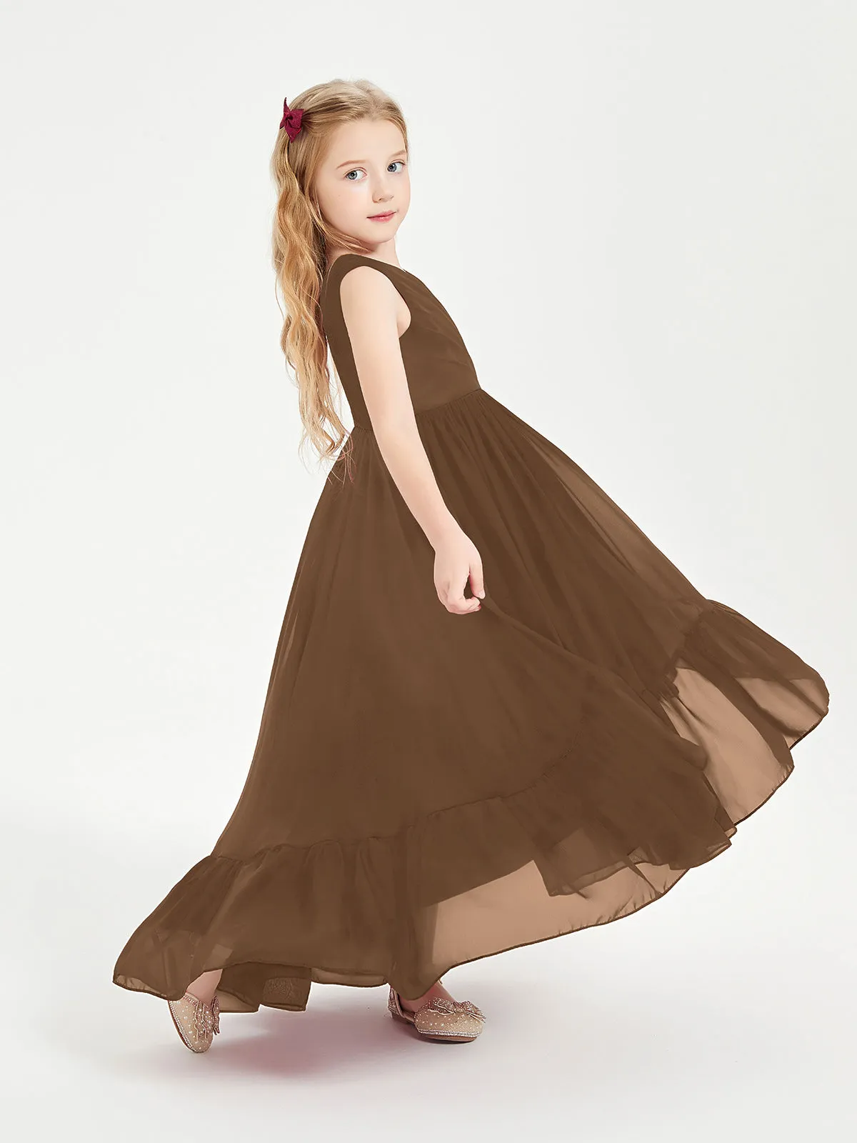 Boho Junior Bridesmaid Dresses Cascading Skirt Brown