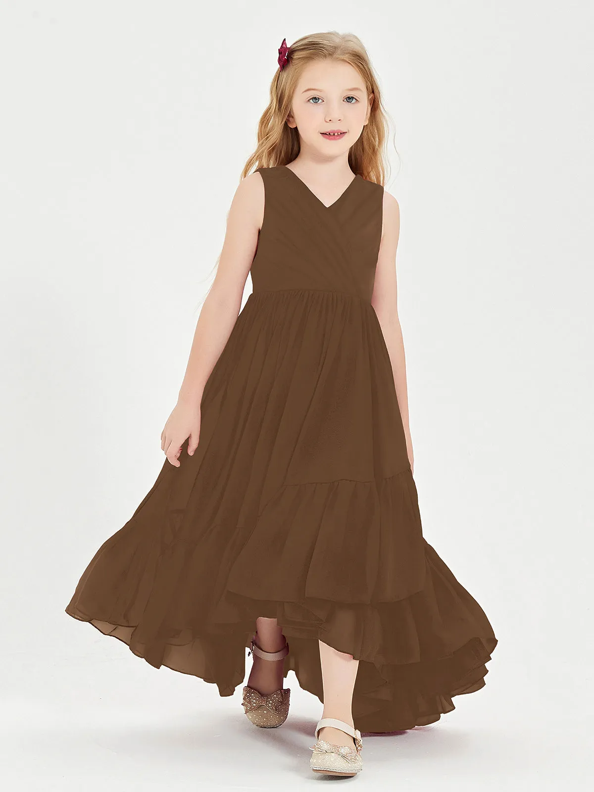 Boho Junior Bridesmaid Dresses Cascading Skirt Brown