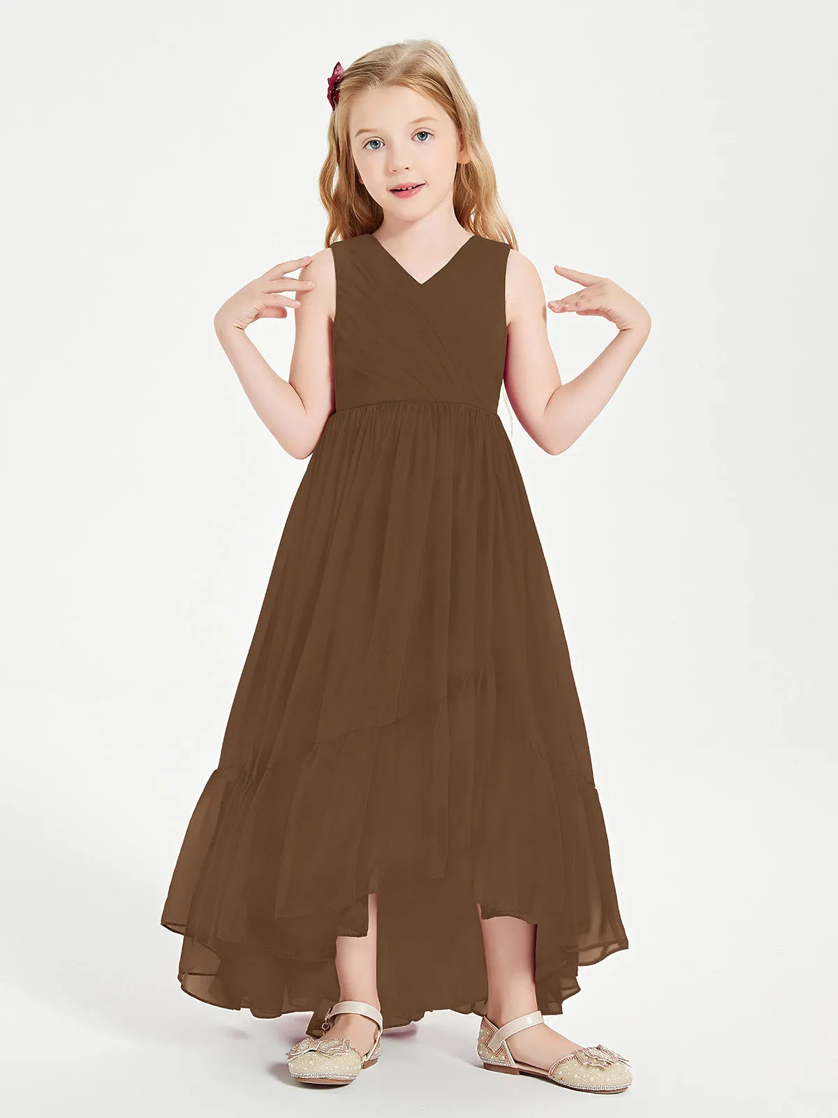 Boho Junior Bridesmaid Dresses Cascading Skirt Brown