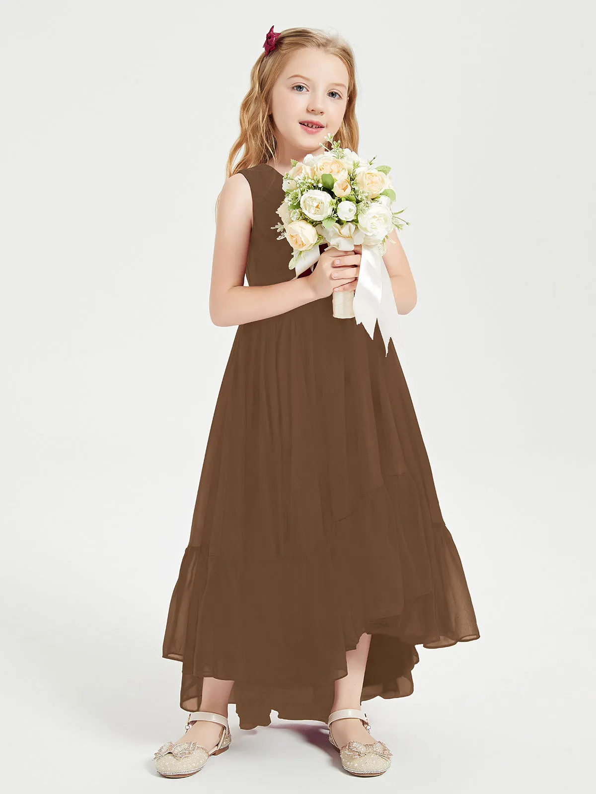 Boho Junior Bridesmaid Dresses Cascading Skirt Brown