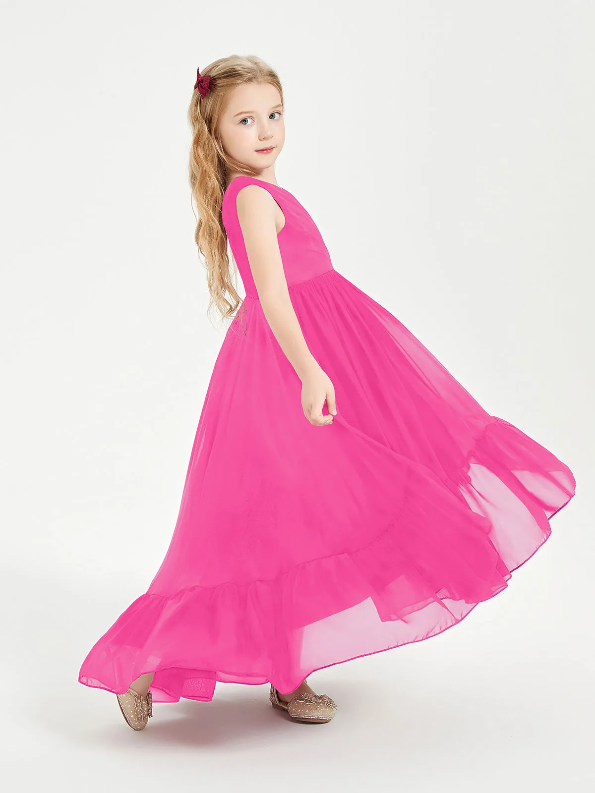 Boho Junior Bridesmaid Dresses Cascading Skirt Fuchsia