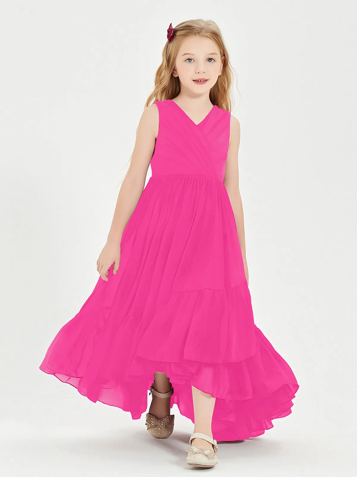 Boho Junior Bridesmaid Dresses Cascading Skirt Fuchsia