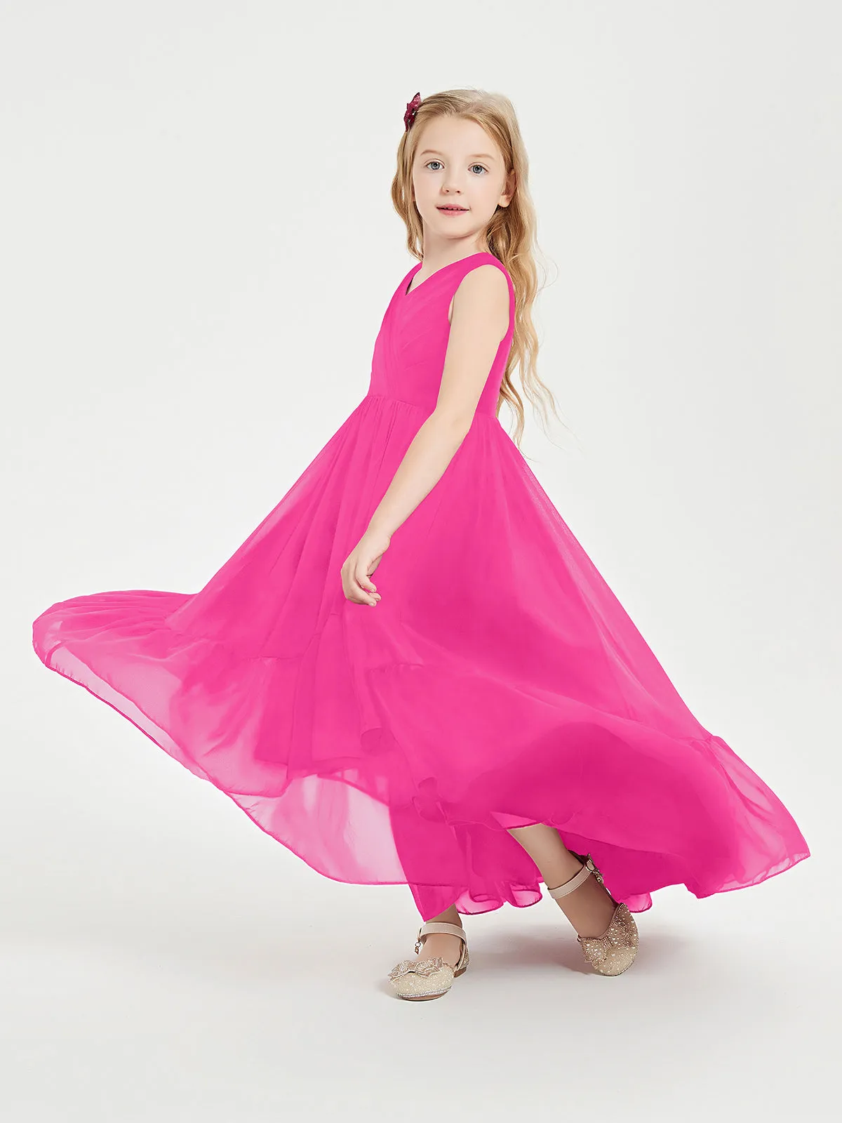 Boho Junior Bridesmaid Dresses Cascading Skirt Fuchsia