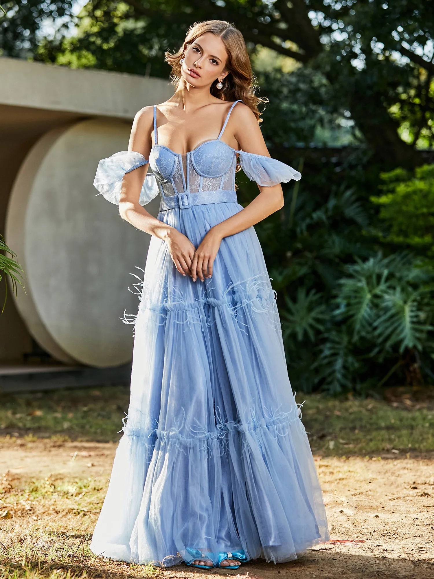 Boho Tiered Skirt Corset Bodice Tulle Dress Blue