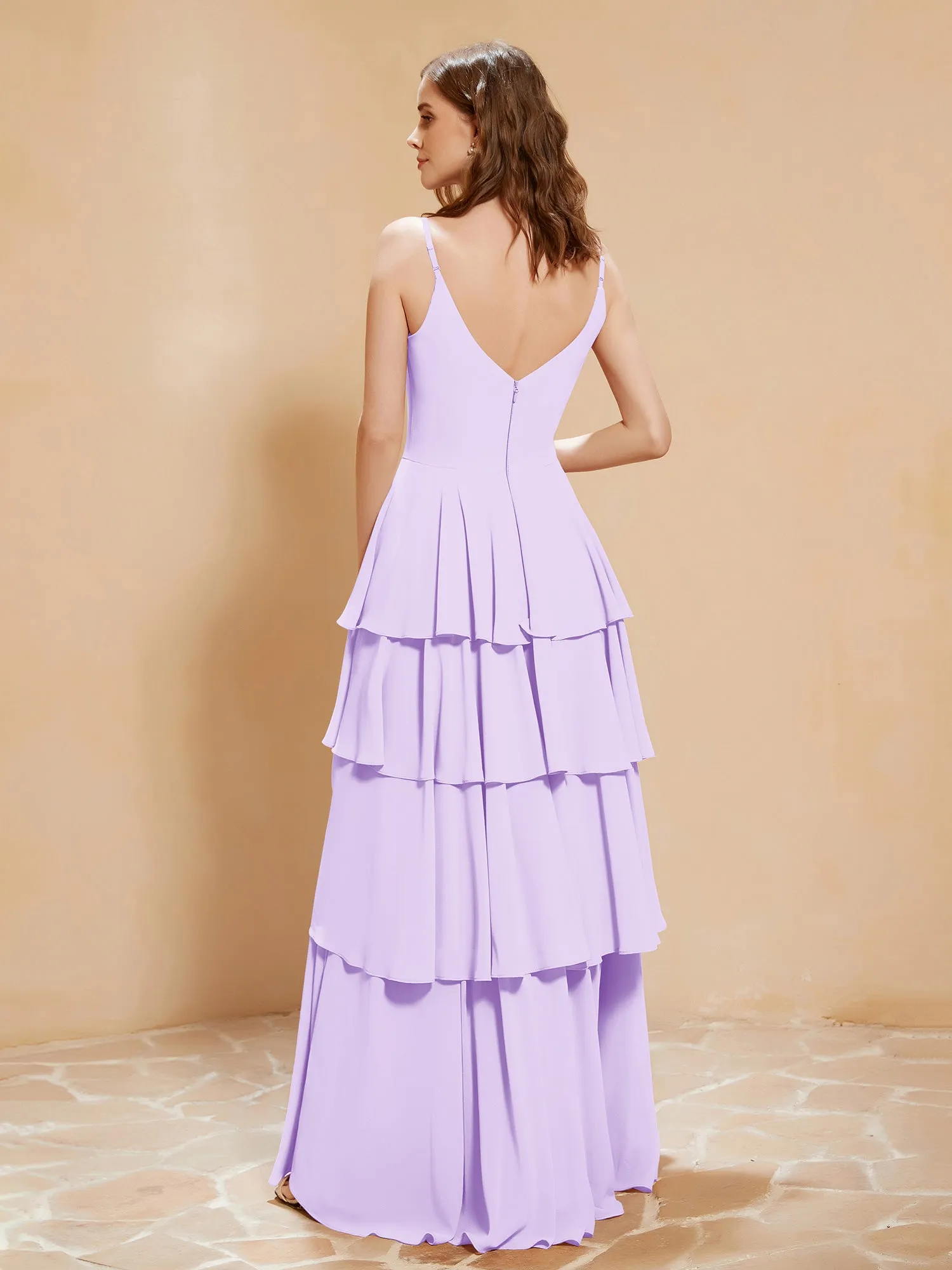 Boho V-neck Floor-length Dress Flowy Ruffles Lilac