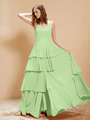 Boho V-neck Floor-length Dress Flowy Ruffles Sage