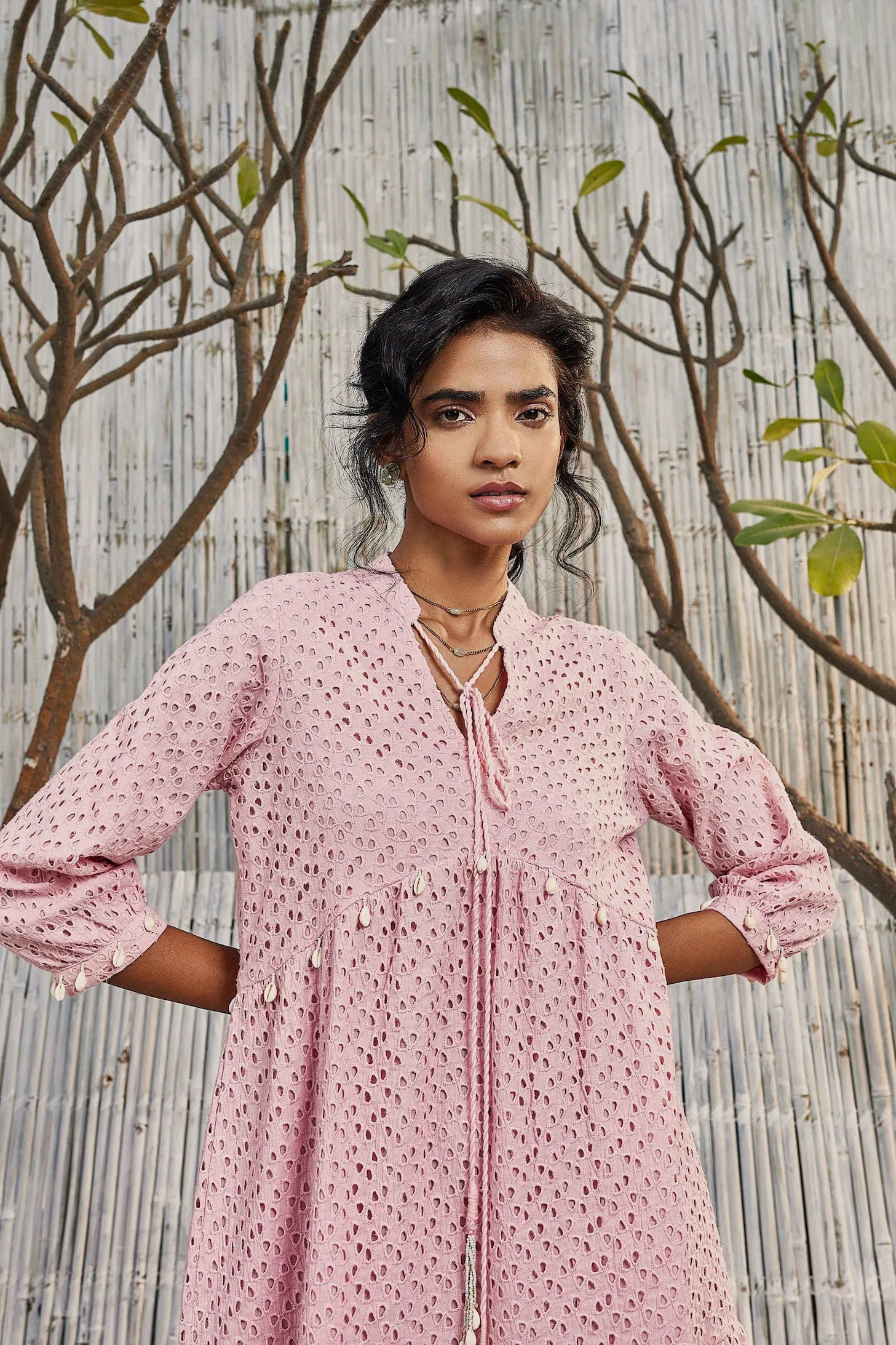 Breezy Cotton Cutwork Dress in Blush Pink