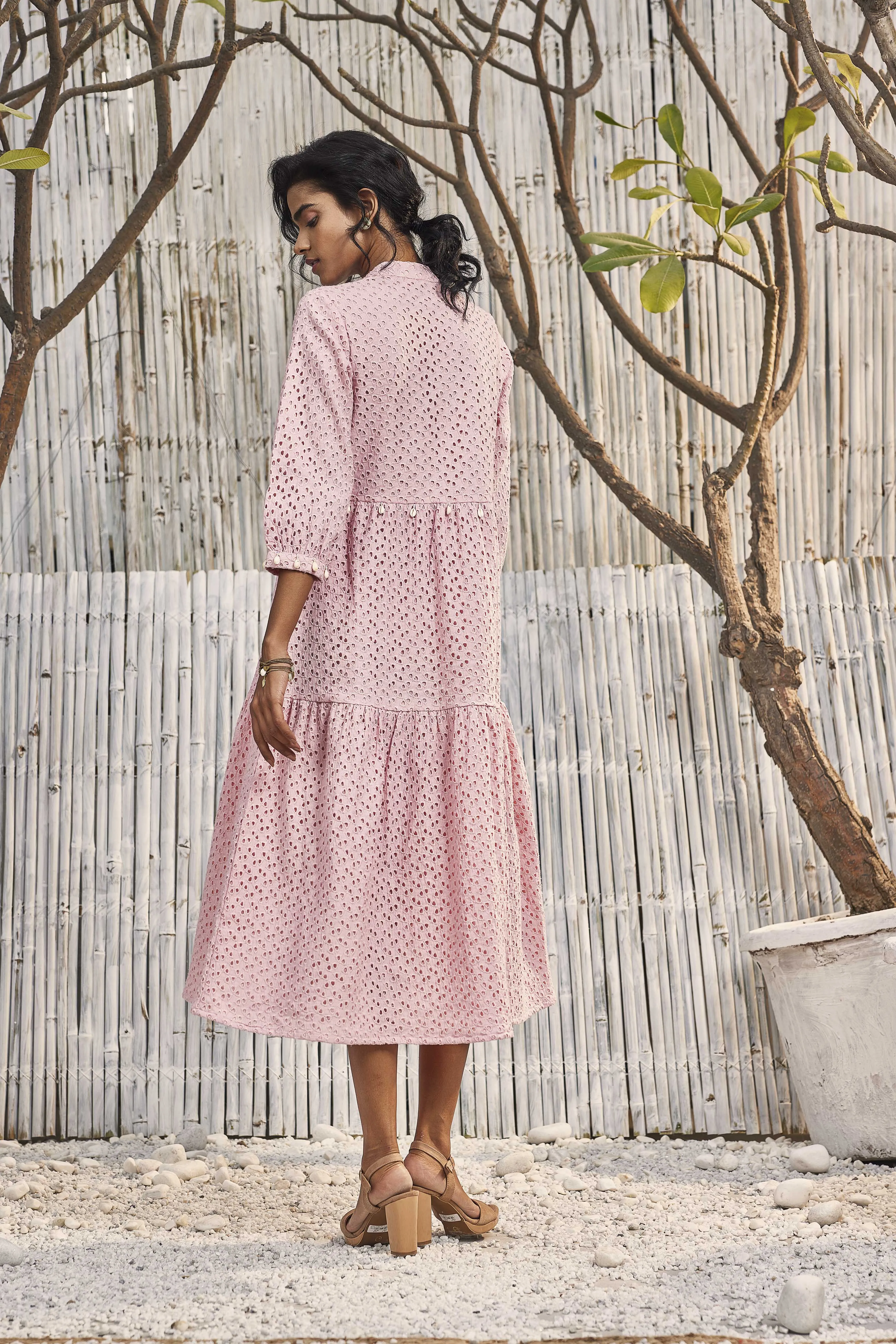 Breezy Cotton Cutwork Dress in Blush Pink