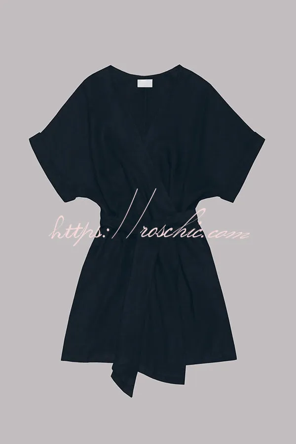 Breezy Retreat Cotton Linen Blend Pocketed Belt Kimono Mini Dress