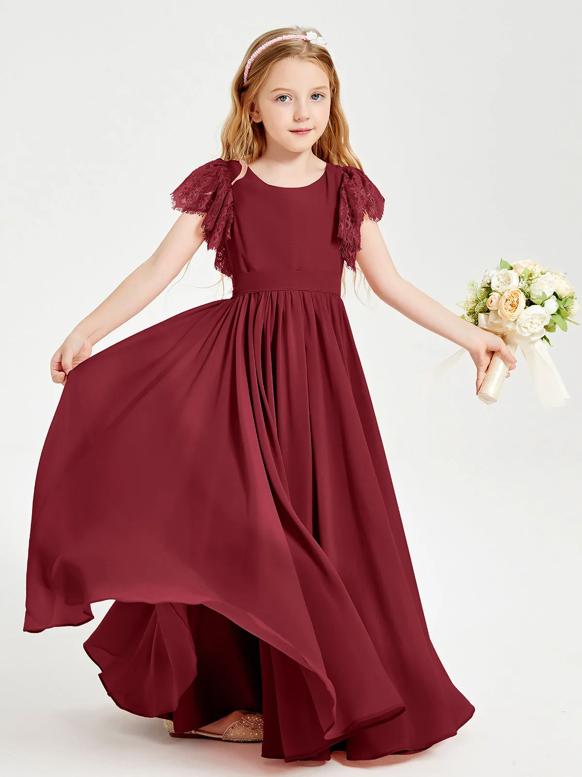 Chiffon Junior Bridesmaid Dresses Lace Flutter Sleeves Scoop Neck Burgundy