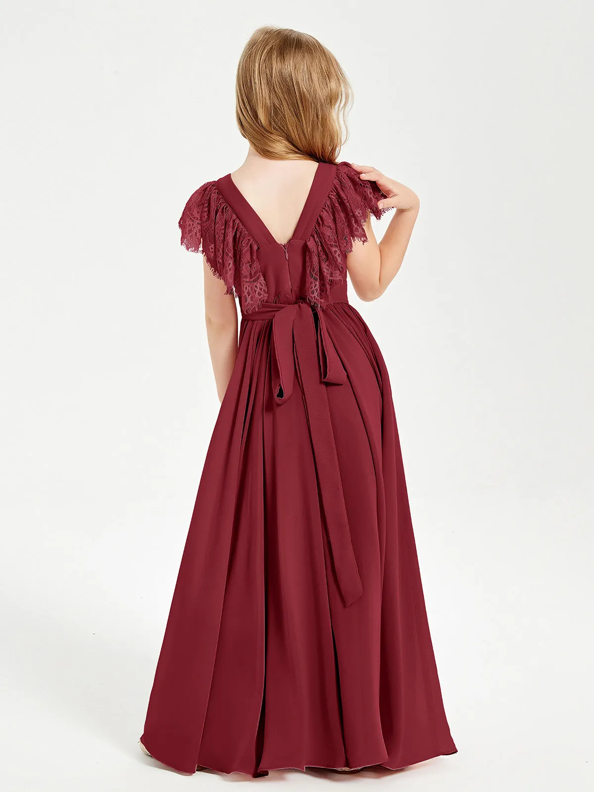 Chiffon Junior Bridesmaid Dresses Lace Flutter Sleeves Scoop Neck Burgundy