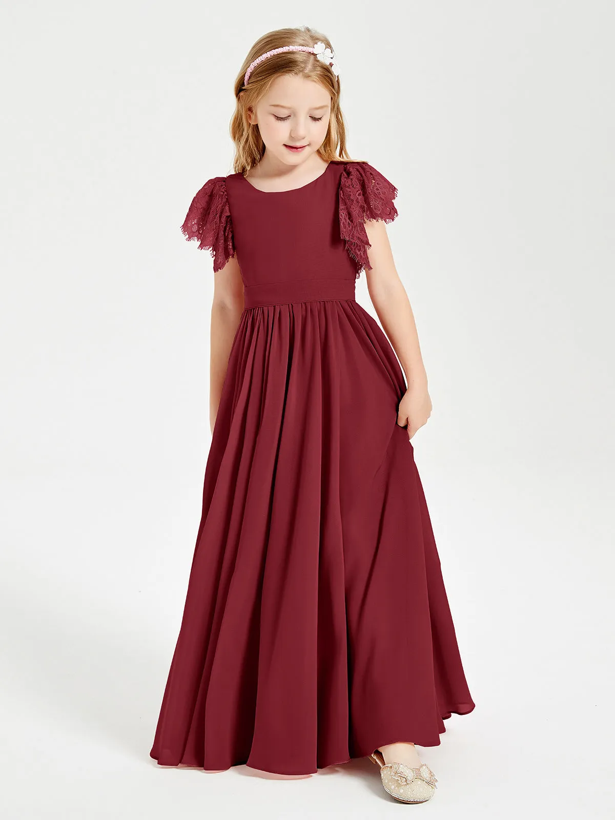 Chiffon Junior Bridesmaid Dresses Lace Flutter Sleeves Scoop Neck Burgundy