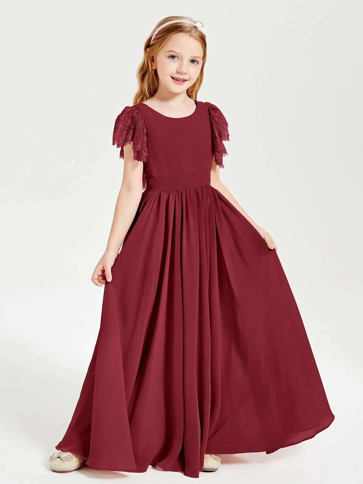 Chiffon Junior Bridesmaid Dresses Lace Flutter Sleeves Scoop Neck Burgundy