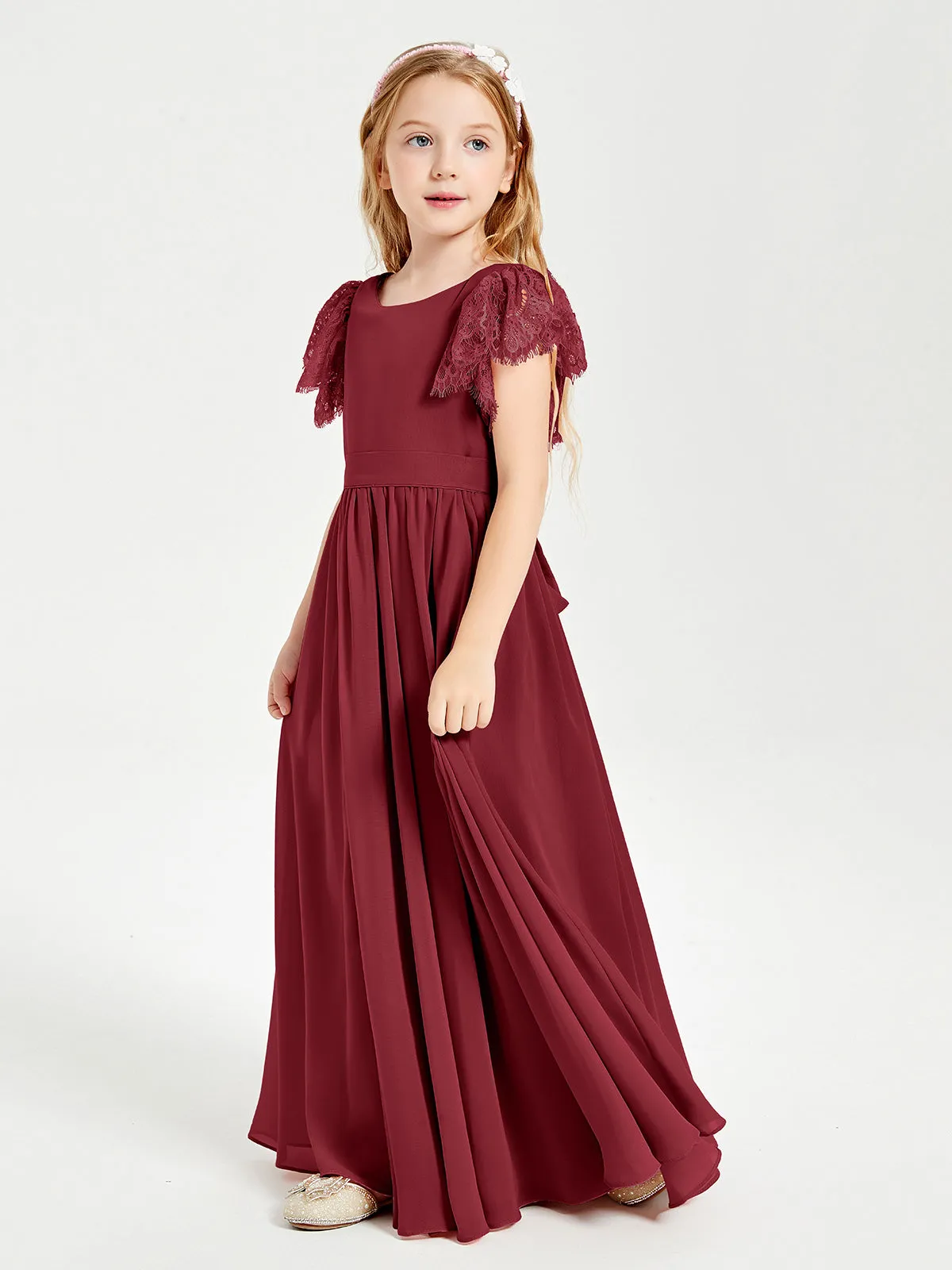 Chiffon Junior Bridesmaid Dresses Lace Flutter Sleeves Scoop Neck Burgundy